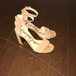 SAM EDELMAN suede nude and gold heels